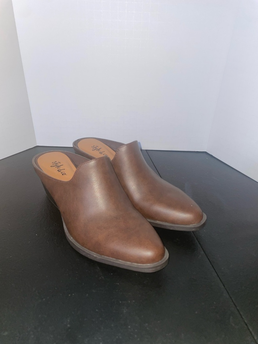 Style & Co. Brown Leather Slip-On Mule Heels